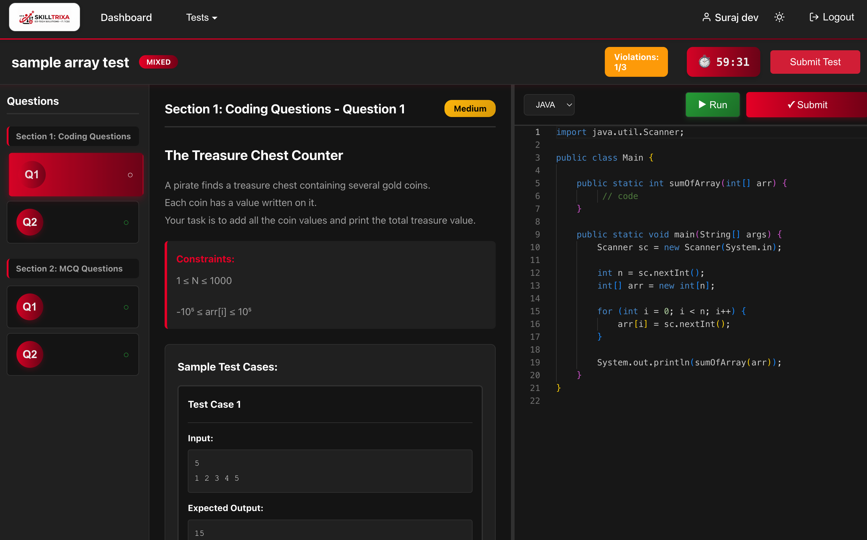 Skilltrixa coding test interface